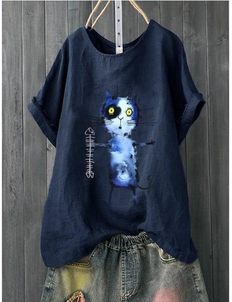 Fishbone Printing Solid Color Joker Original Artistic Crew Neck T-shirt