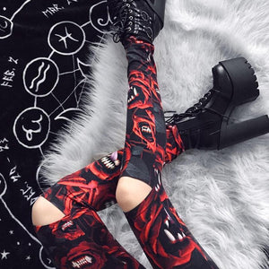 Women's Dark Gothic Rose Print Knee Cutout Leggings Pants