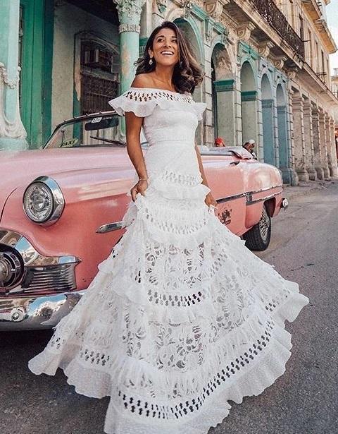 Lotus leaf edge hollowed out lace dress