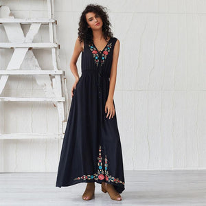 Bohemian V collar embroidered sleeveless wig dress