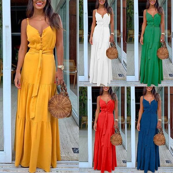 Summer New Women's Personality Button-up V-neck Sling Dress FC539