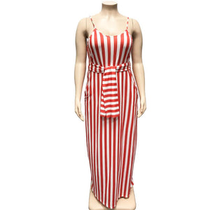 Large Women's Stripe Loose Dress with Belt and Suspender Summer