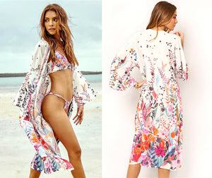 Four-sided pop-up print beach blouse sexy cardigan holiday sunscreen blouse bikini outer blouse