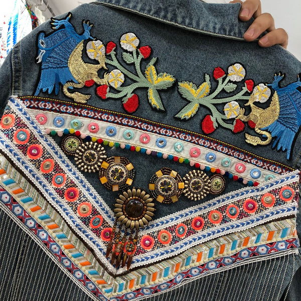 National Wind Thai Heavy Duty Embroidery Stitching Flow Su Loose Long-sleeved Denim Jacket