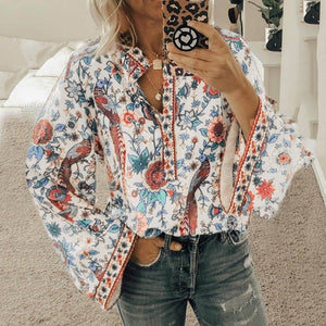 Women's Loose Long Sleeve Printed Stand Up Collar Single Breasted Shirt