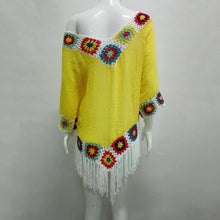 Load image into Gallery viewer, Bohemian Hook crochet large size bamboo cotton long coat Yellow and White color