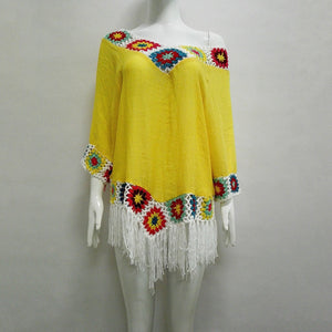 Bohemian Hook crochet large size bamboo cotton long coat Yellow and White color