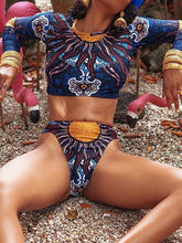 Load image into Gallery viewer, Ethnic Style Split Bikini Print Long Sleeve Swimsuit