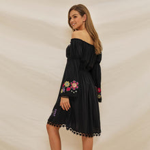 Load image into Gallery viewer, Women&#39;s holiday dress embroidered off shoulder lace stitched flare sleeve bohemian dress