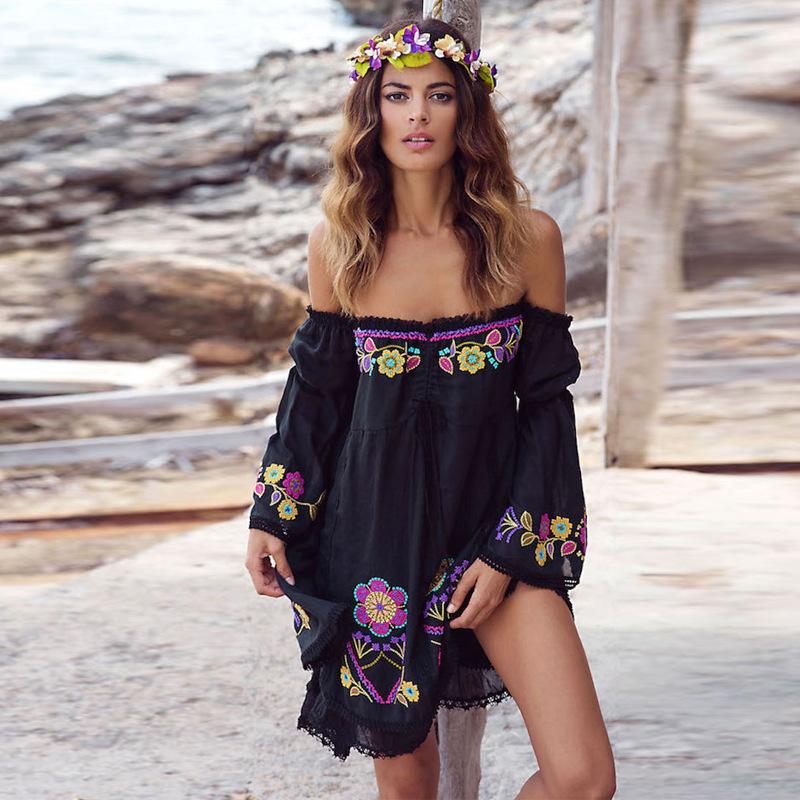 Women's holiday dress embroidered off shoulder lace stitched flare sleeve bohemian dress