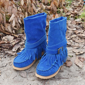 Tassel Flat Sole Large Buckle Hand Sewn National Style Cotton Boots
