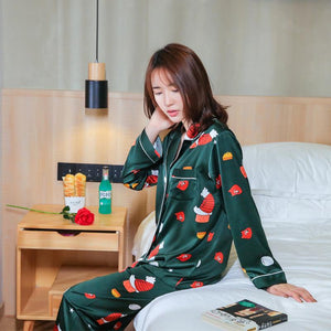 Women's printed silk pajamas set long-sleeved trousers ice silk casual homewear.