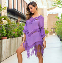 Load image into Gallery viewer, V-neck Half Sleeve Loose Cotton Hemp Hand Hook Joint Knitted Fringe Beach Cover Up