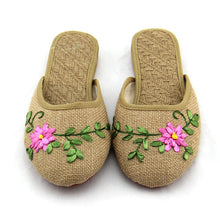 Load image into Gallery viewer, New handmade ribbon embroidered cloth shoes Spring, summer and autumn straw mat slippers Beef tendon bottom flat-heeled indoor slippers