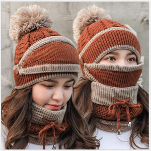Winter Beanie Hat Scarf and Wind Proof Set 3 Pieces Thick Warm Knit Cap For Women