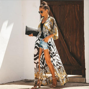 Chiffon Print Leopard Print Beach Sunscreen Holiday Cardigan Long Skirt Bikini Hoodie
