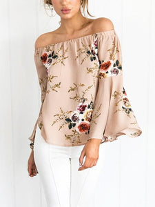 Pretty Floral Off Shoulder Trumpet Sleeve Bohemia Blouse Shirt Tops