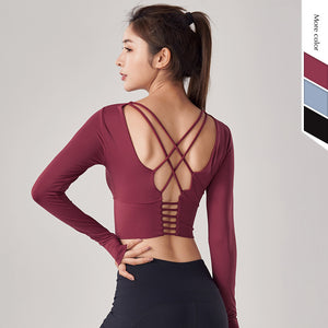 Autumn and winter slim back fitness suit women's tight sports top with bra nude yoga suit long sleeve