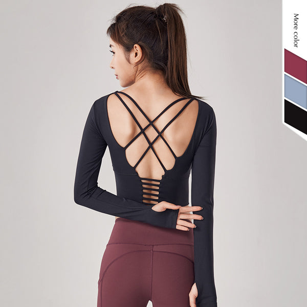 Autumn and winter slim back fitness suit women's tight sports top with bra nude yoga suit long sleeve