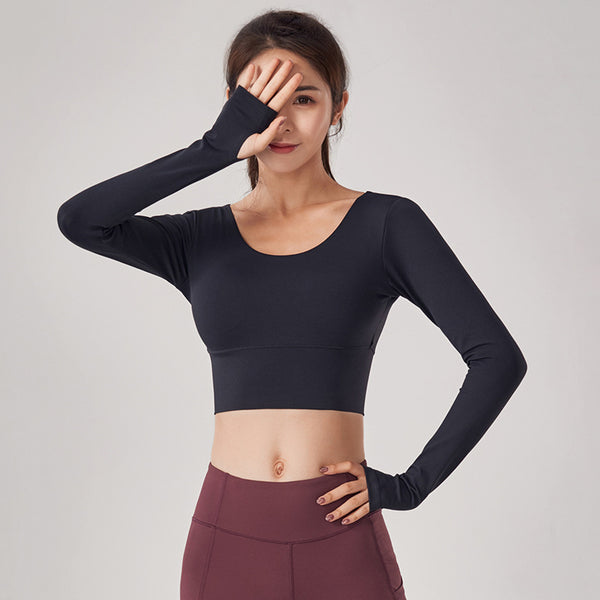 Autumn and winter slim back fitness suit women's tight sports top with bra nude yoga suit long sleeve