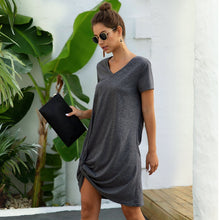 Load image into Gallery viewer, Summer&#39;s New Short-sleeved V-neck Hem Knotted Open Fork Loose Casual Skirt