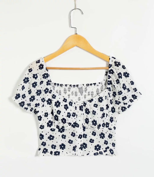 Printed spring and summer women's new three-dimensional stitching leak umbilical cord shirt