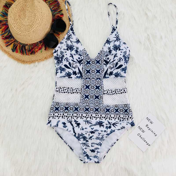 2020 new hollow foreign trade in Europe and America Amazon AliExpress one-piece ladies swimsuit sexy retro printing