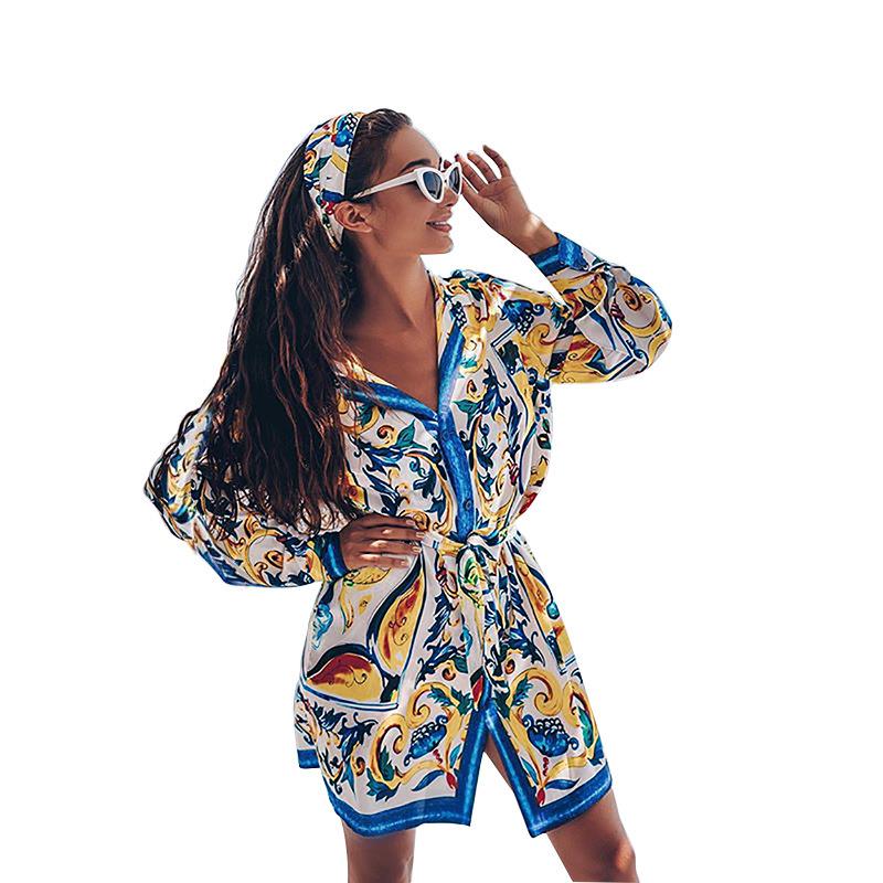Spring and summer new bohemian style positioning print tie with long-sleeved shirt jumpsuit skirt
