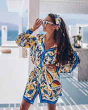 Load image into Gallery viewer, Spring and summer new bohemian style positioning print tie with long-sleeved shirt jumpsuit skirt