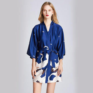 Ice silk pajamas women's summer silk nightgown bathrobe morning gowns large printed household clothes women's summer thin