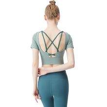 Load image into Gallery viewer, Short-sleeved T-shirt with breast pad and beautiful back, women&#39;s yoga clothes, naked sports tops and women&#39;s fitness clothes