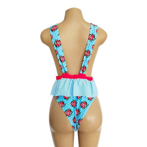 Ruffled Waist Print V-neck Bow Ins Style One Piece Swimsuit