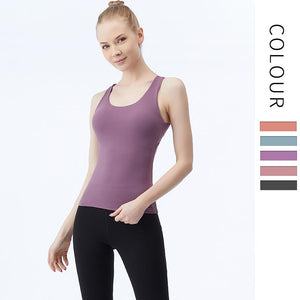 Yoga vest women's long fashion cross back sports fitness top with chest cushion