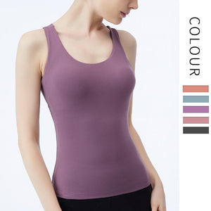 Yoga vest women's long fashion cross back sports fitness top with chest cushion