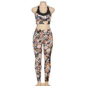 Two-piece yoga suit with printed cropped waistcoat and leggings