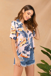 Women's summer Lapel print single breasted shirt