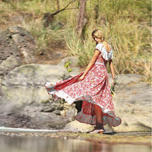 Load image into Gallery viewer, Red Off-the-shoulder Bohemia Maxi Chiffon Floral Print Dress Beach Style Vacation Dress