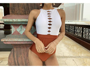 Summer Sexy Solid Color Matching High Collar Halter High Waist Siamese Thin Triangle Female Swimsuit