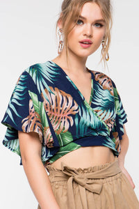 Short-sleeved Bamboo Leaf Print Waist Tie Short Shirt Top
