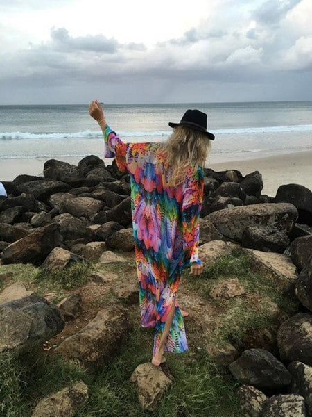 Chiffon Color Feather Printed Beach Bikini Sunscreen Cardigan Cover-up