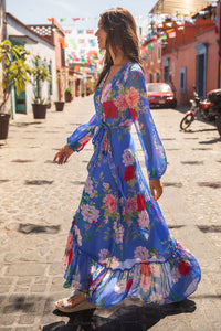 Autumn and Spring Long Sleeve Floral Dress Printed with Blue Waist Showing Thin Bandage Dress