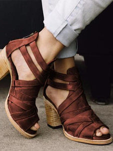 Plain Chunky High Heeled Peep Toe Date Travel Platform Sandals