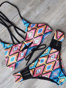 Printed Vintage Low Waist Tether Strap Bikini