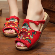 Load image into Gallery viewer, Ethnic Style Wedge with Non-slip Fish Mouth Type Embroidered Sandals and Slippers