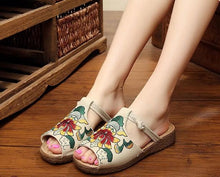 Load image into Gallery viewer, Ethnic Style Wedge with Non-slip Fish Mouth Type Embroidered Sandals and Slippers