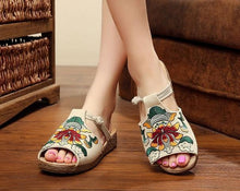 Load image into Gallery viewer, Ethnic Style Wedge with Non-slip Fish Mouth Type Embroidered Sandals and Slippers