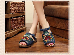 Ethnic Style Wedge with Non-slip Fish Mouth Type Embroidered Sandals and Slippers