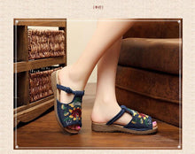 Load image into Gallery viewer, Ethnic Style Wedge with Non-slip Fish Mouth Type Embroidered Sandals and Slippers