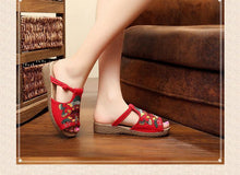 Load image into Gallery viewer, Ethnic Style Wedge with Non-slip Fish Mouth Type Embroidered Sandals and Slippers