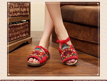 Load image into Gallery viewer, Ethnic Style Wedge with Non-slip Fish Mouth Type Embroidered Sandals and Slippers